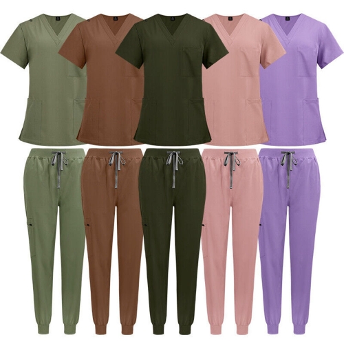 Stretch Nurse Medical Salon Uniform Scrub Sets Women Men V-Neck Top Jogger Pant